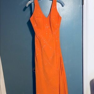Orange sequin floor length prom dress
